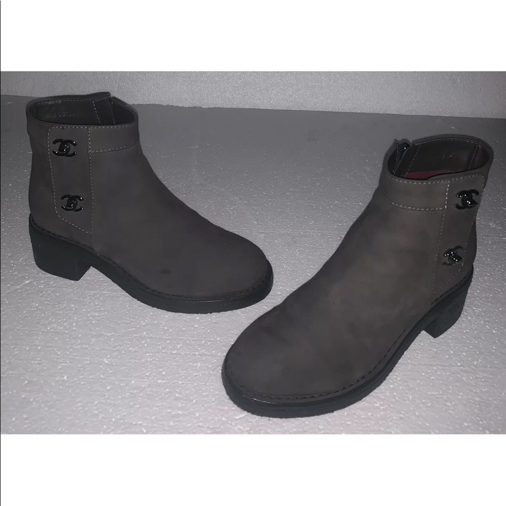Chanel gray suede turn lock boots size 36.5